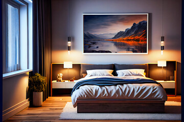 Luxuriate in the Ambiance of a Modern Luxury Bedroom with Night Lights.  Generative AI.