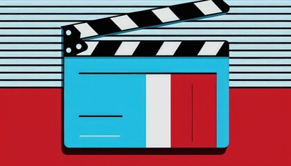 Film production clapperboard illustration, blue and red background. Generative AI