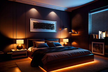 Luxuriate in the Ambiance of a Modern Luxury Bedroom with Night Lights.  Generative AI.