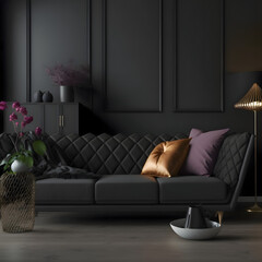 Cozy modern living room interior with Black sofa and decoration room on a Black or white wall background, Generative AI
