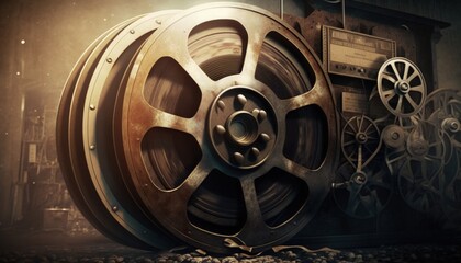 Illustration with old cinema film reels, background. Generative AI