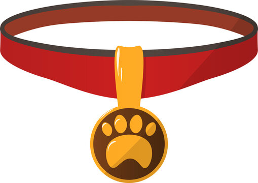 Red collar with medal for cats and dogs. Cartoon pets necklace and golden tag. Isolated kittens or puppies accessory. Metal badge with animal footprint. Vector canine belt template illustration