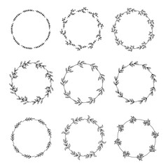 Set of black round frames from leaves. Laurel wreaths. Collection of floral frames. Decorative natural elements for design. Frames in line art style