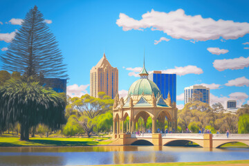Australia, Adelaide September 11, 2016 A sunny day provides a good perspective of Adelaide's downtown from Elder Park on the north bank of the Torrens River. Generative AI