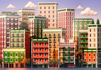 Beautiful city 3D rendering illustration. Apartments buildings and office blocks at sunset.