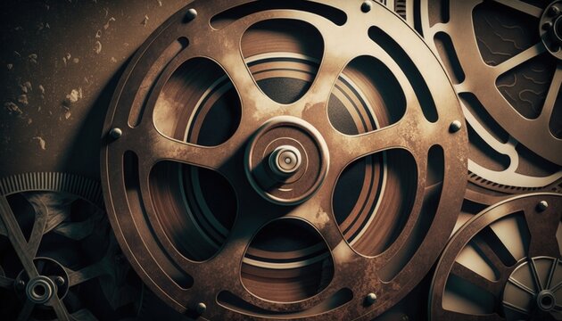 Illustration with old cinema film reels, background. Generative AI