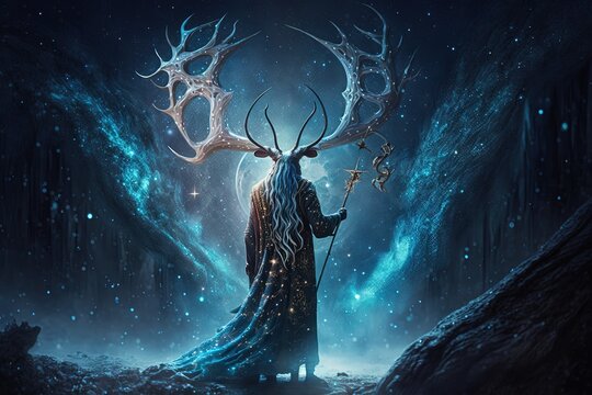 ancient druid wizard with huge antler walking among glitter glow light shine around , Generative Ai