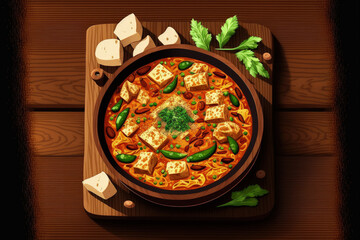 Indian Mutter paneer dish with spices on the wooden background. Generative AI - obrazy, fototapety, plakaty