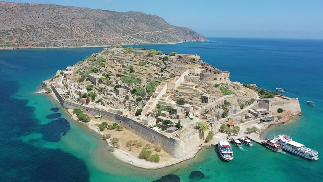View of the island of Spinalonga with calm sea.Spinalonga,Greece
