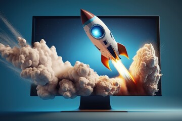 Rocket on computer monitor screen, startup concept, blue background. Generative AI