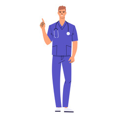 Young doctor shows index finger up. Warns, gives advice. Male nurse wearing scrubs. Smiling character with stethoscope isolated on white background. Flat style. Vector illustration.