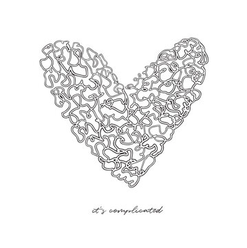 Simple Romantic Vector Illustration With Black Heart Made Of Messy Scribbles On A White Background. Hand Drawn Print With Complicated Love Symbol Ideal For Card, Poster, Wall Art. It's Complicated.