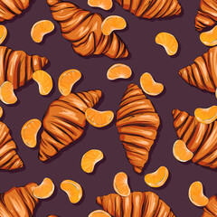 Seamless vector pattern. Sweets, desserts, deliciousness. Croissant, orange, mandarin, citrus