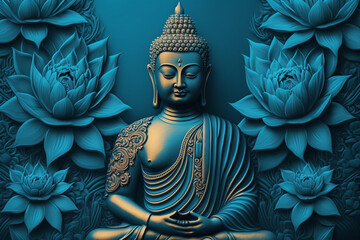 Buddha statue water lotus Buddha standing on lotus flower on orange background Generative AI - obrazy, fototapety, plakaty