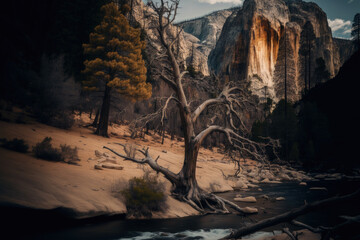 Yosemite National Park's dried up Yosemite cascade in close up. Generative AI
