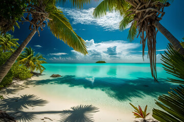 Naklejka na ściany i meble The aim of this image is to capture the essence of a summer day in the Maldives. a crystal clear ocean with the sun shining brightly overhead, reflecting off the water. Generative AI.