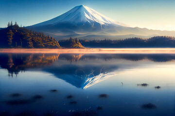Fuji Mountain And Lake.  Generative AI.