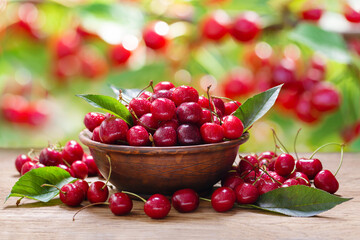 fresh cherries on a wooden table in a garden