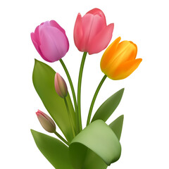 Spring flowers. Floral background. Tulips. Beautiful illustration. Red. Pink. Green leaves. Bouquet.