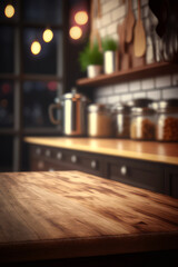 Wood table top on blur kitchen counter room background, generative ai