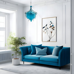 Cozy modern living room interior with Blue sofa and decoration room on a Blue or white wall background, Generative AI
