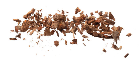 Coconut peel husk flying explosion, coconut chopped big L size abstract cloud fly. Coconut shell...