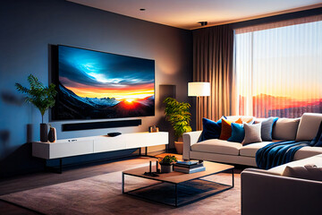 Living room with Big TV on the  wall in the room in a modern style. Elegant lixury living room with big tv screen.  Generative AI.