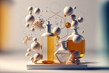Perfumery production laboratory. Perfume bottles. Liquid essence oil with a molecule. Generative AI.