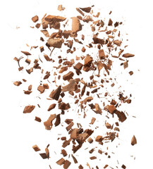 Coconut peel husk flying explosion, coconut chopped big L size abstract fall down garden. Coconut shell peel fertilizer splash throwing in Air. White background Isolated high speed shutter, freeze