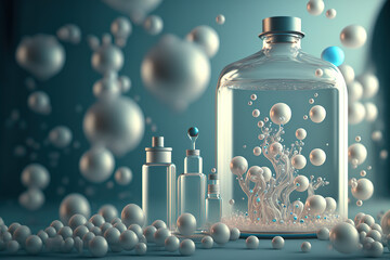 Perfumery production laboratory. Perfume bottles. Liquid essence oil with a molecule. Generative AI.