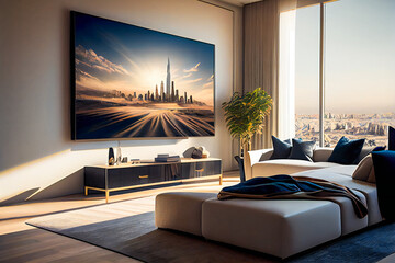 Living room with Big TV on the  wall in the room in a modern style. Elegant lixury living room with big tv screen.  Generative AI. - obrazy, fototapety, plakaty