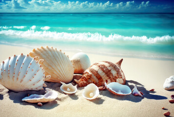 Fototapeta na wymiar beach holiday background, seashells on seashore in tropical beach summer, generative ai