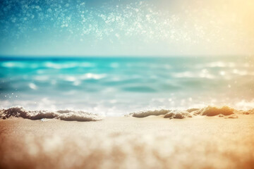 Fototapeta na wymiar sunset on the beach, Seascape abstract beach background blur bokeh, generative ai