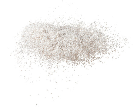 Perlite rock flying explosion, perlite white stone fall down abstract garden decorate. Perlite volcano stone splash throwing in Air. White background Isolated high speed shutter, freeze action