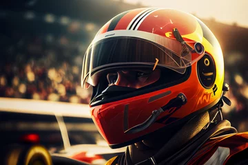 Poster Race driver with helmet Sports car race track Design. High quality Ai generated illustration. © Imaginarium_photos