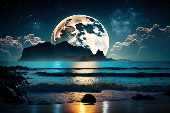 romantic and scenic panorama with full moon on sea to night, generative ai