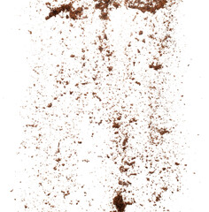 Fototapeta na wymiar Coconut peel husk flying explosion, coconut chopped fine small S size fall down as dust. Coconut powder peel fertilizer splash throwing in Air. White background Isolated high speed shutter, freeze