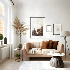 Cozy modern living room interior with brown sofa and decoration room on a brown or white wall background, Generative AI
