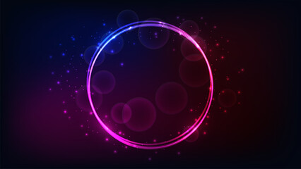 Neon round frame with shining effects and sparkles