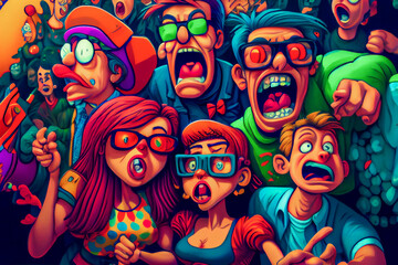 People, screaming and crazy in happiness. Cartoon background. Generative AI.