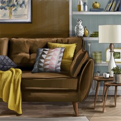 Cozy corner of Living room with brown Sofa. Modern interior design. Coach with pillows and cushions.