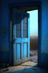 Open blue door, old wooden door, generative ai