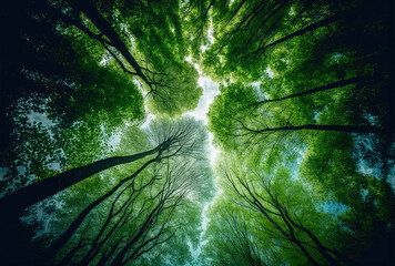 Looking up at the green tops of trees, generative ai