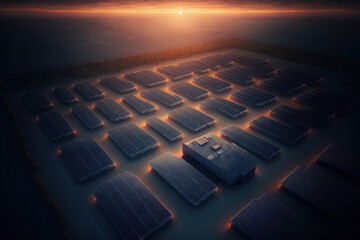Obraz premium aerial picture of a sizable renewable energy facility producing clean electricity at dusk with several rows of solar photovoltaic panels. Concept for zero emission power from renewable sources