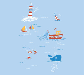 Nautical Nursery Wall Art Posters Set with Cute Cartoon Ships. Print for Baby Room, Shower Card, Kids T-shirt
