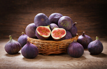 basket of fresh figs fruit on a wooden background