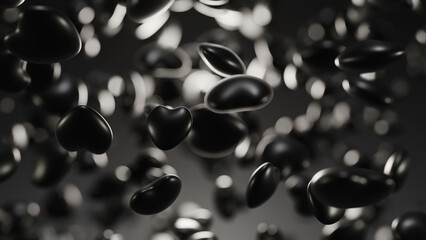 Black falling hearts on black background. Valentine day backdrop. 3d render. 3D Illustration