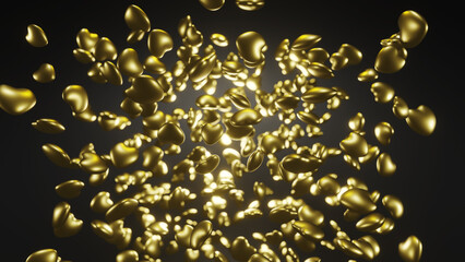 Flying golden hearts on a dark background. 3D rendering. Illustration for Valentine's Day and weddings. Rain of hearts.
