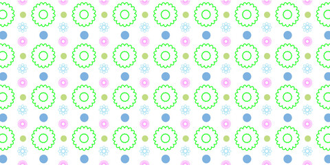 seamless pattern with blue, green and pink flower petals on a white background