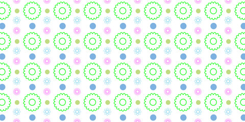 seamless pattern with blue, green and pink flower petals on a white background